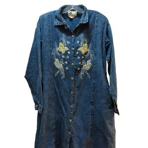 Carolina Bay women's blue jean long shirt dress Large butterflies flowers beads